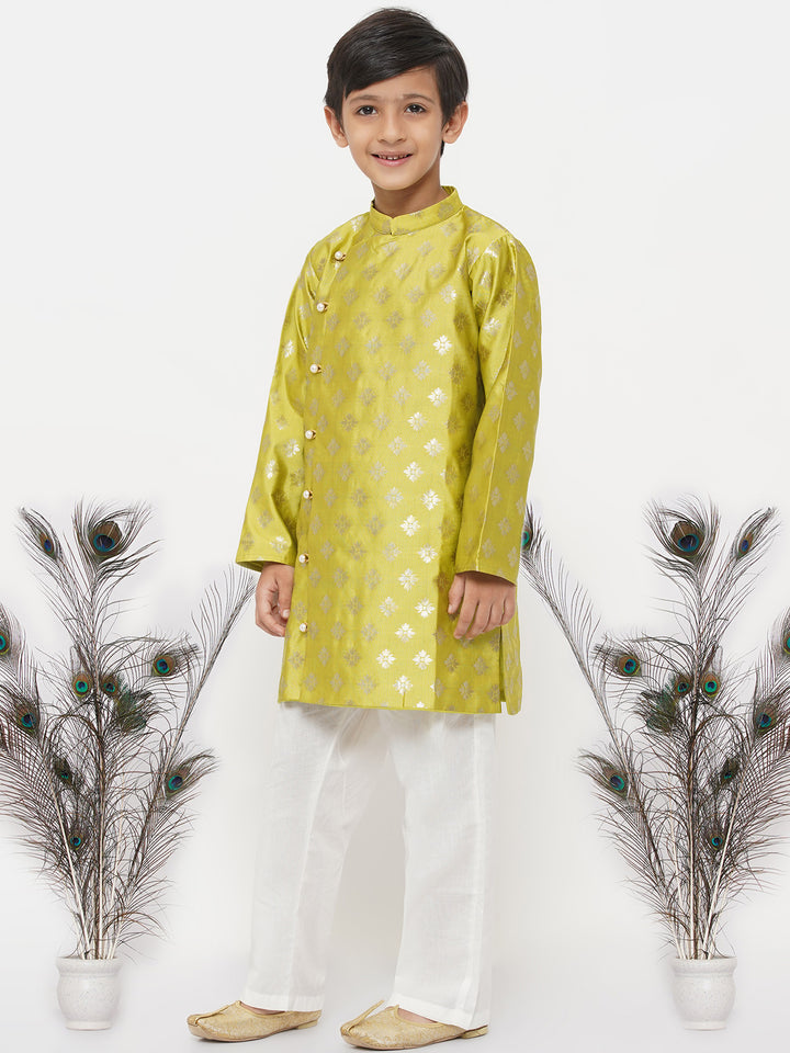 Boys Banarsi Silk Sherwani with Pyjama - Green - Little Bansi