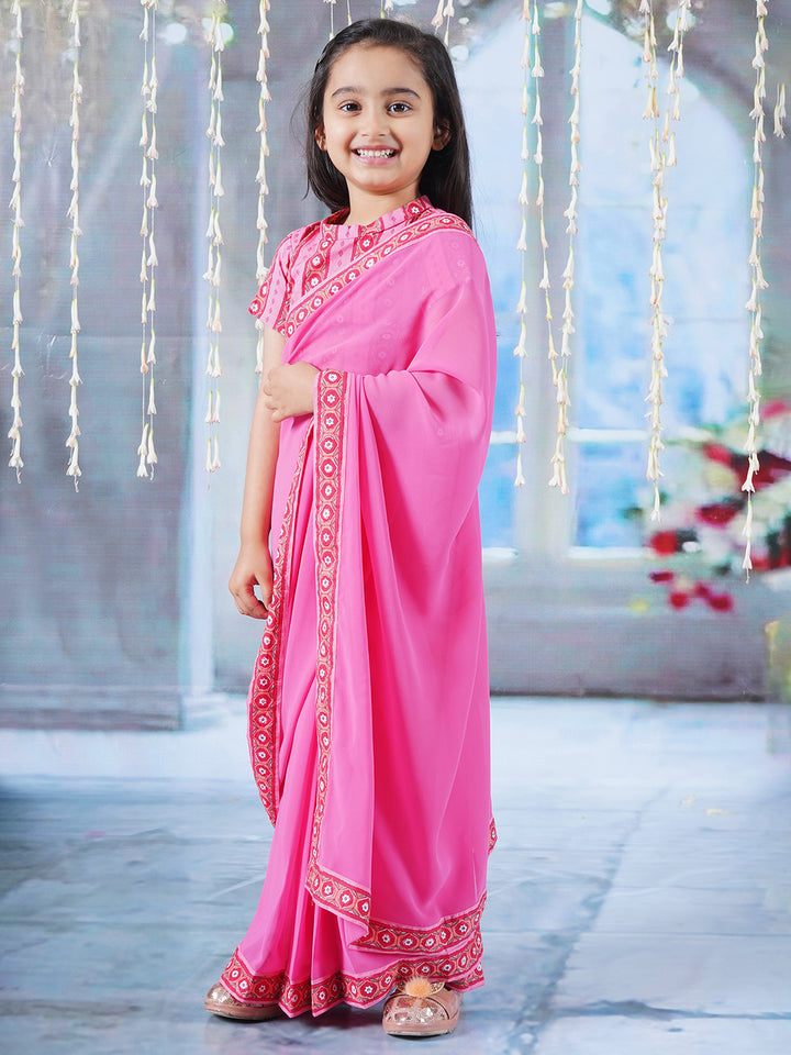 Girls Cotton Short Sleeves Ready to wear Blouse with Floral Geometric Print and Ready to wear Georgette Saree - Pink - Little Bansi
