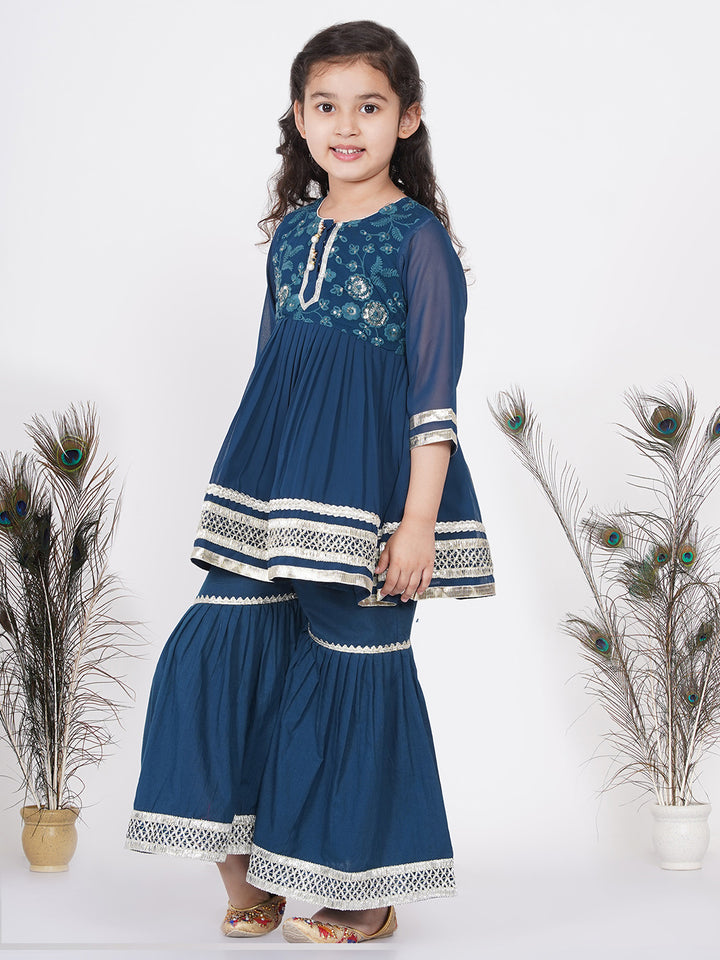 Girls jaipuri Lacework Kurta frock with Sharara and Dupatta - Nighttime Blue - Little Bansi