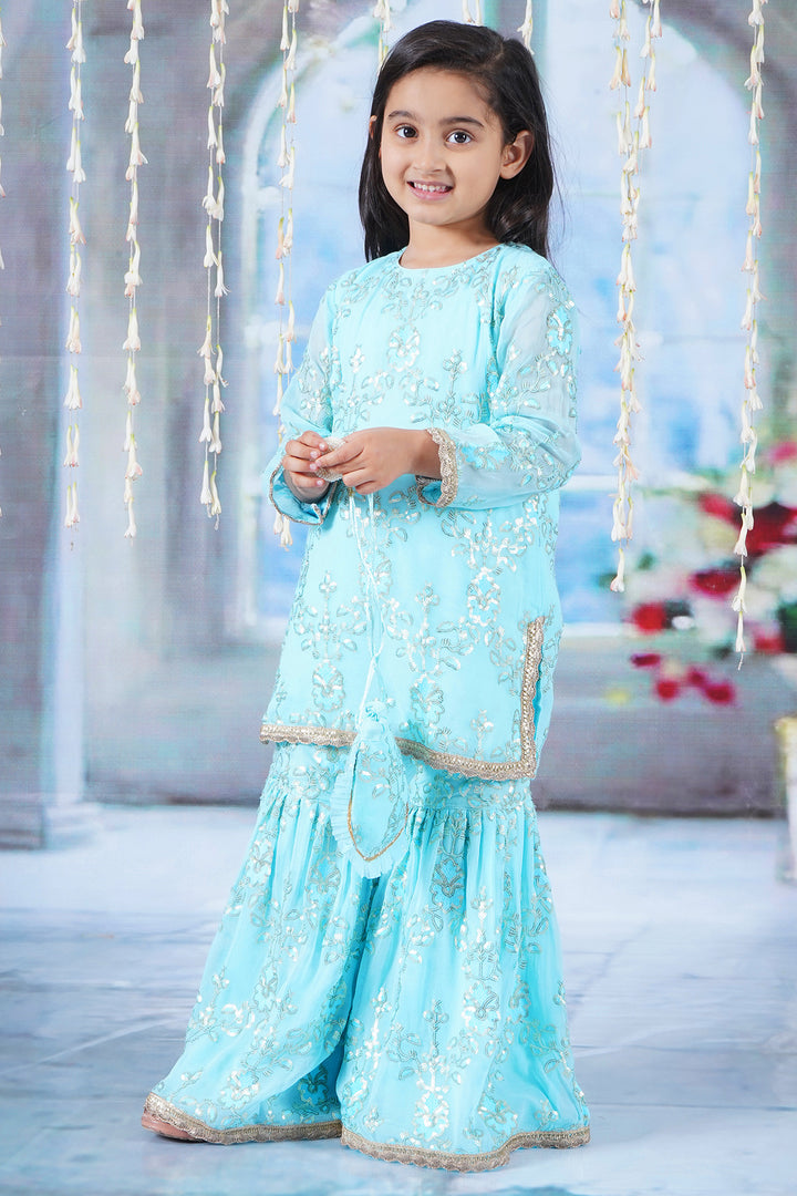 Girls Cotton Candy Blue Kurta with Irish Thread and Sequin work Embroidery with Sharara, Dupatta and Potli - Little Bansi