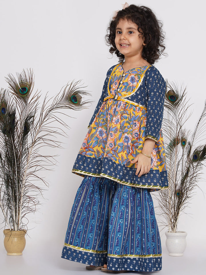 Girls Floral Kurta with Indigo Floral Jacket with Sharara and Dupatta in Blue & Yellow - Little Bansi