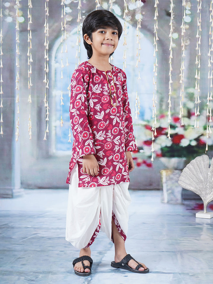 Boys Cotton Full Sleeves Kurta Dhoti with Floral Print and Pearl Buttons - Mahroon and Cream - Little Bansi