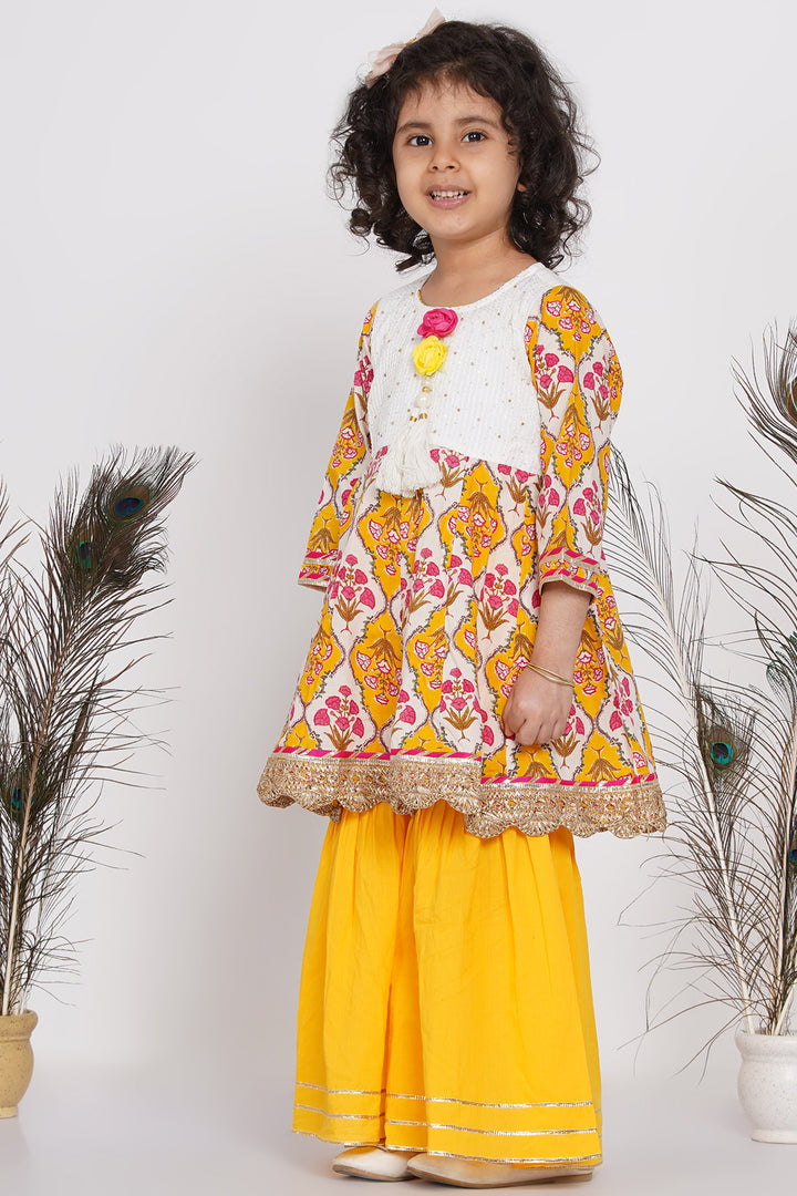 Girls Floral & Bead Embroidery work Kurta Frock with Sharara & Dupatta in Yellow - Little Bansi