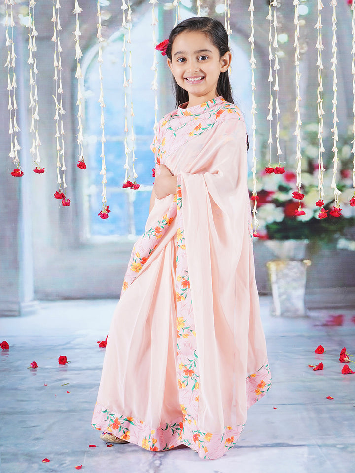 Girls Cotton Short Sleeves Ready to wear Blouse with Floral Print and Ready to wear Georgette Saree - Peach - Little Bansi