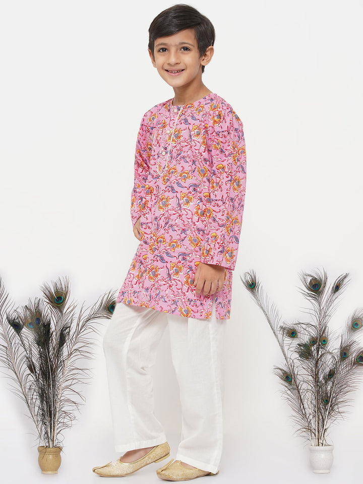 Boys Floral Kurta with Pearl Buttons and Pyjama - Little Bansi
