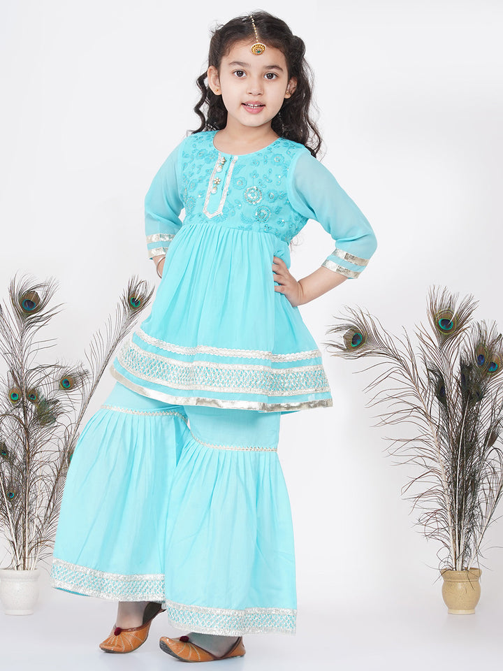 Girls Gotta Patti work Kurta frock with Sharara and Dupatta - Sky Blue - Little Bansi