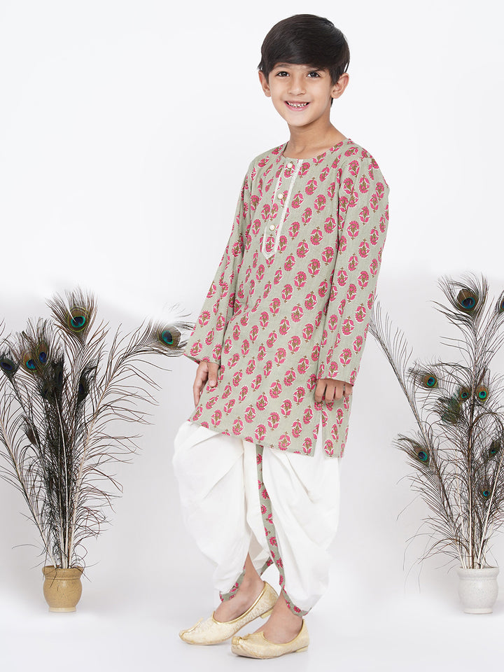 Boys Floral Kurta with Pearl Buttons and Dhoti in Green and Cream - Little Bansi