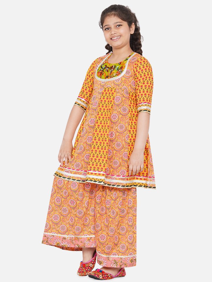 Girls Embroidery Kali work Jaipuri Kurta Frock with Sharara & Dupatta in Yellow - Little Bansi