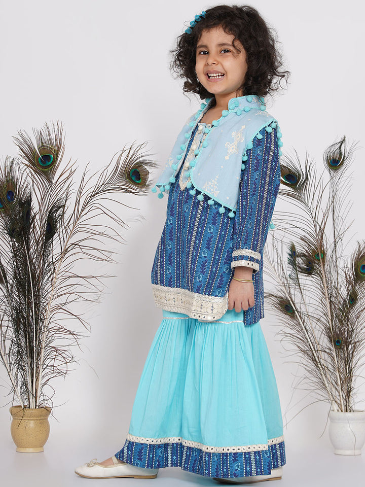 Girls Floral Print Kurta with Lace work and Sharara with pom pom jacket - Little Bansi