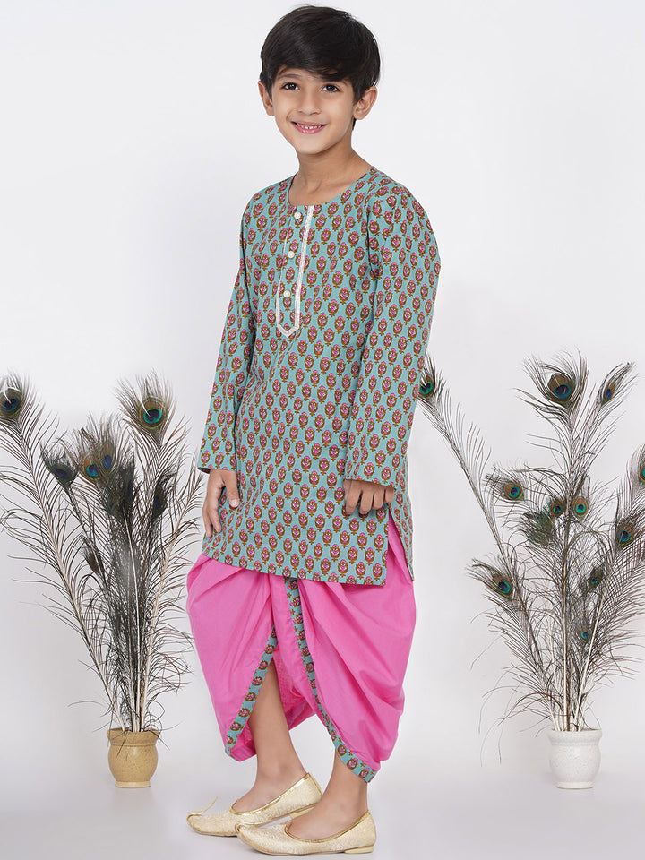 Boys Floral Kurta with Pearl Buttons and Dhoti in Blue and Pink - Little Bansi