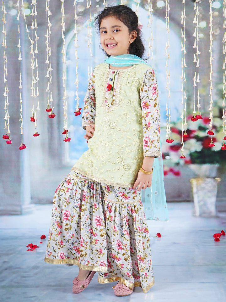 Girls Cotton Full Sleeves Kurta Sharara and Dupatta with Garden Rose Print, Floral Embroidery, Lace & Floral Work - Antique Green - Little Bansi