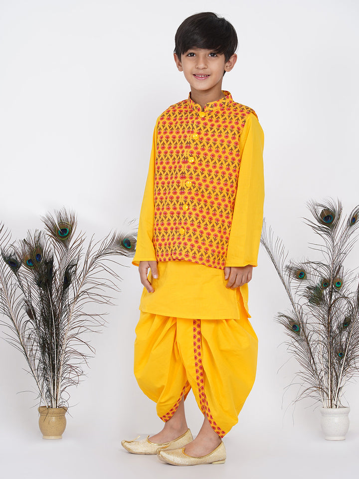 Boys Floral Jacket with Kurta and Dhoti in Yellow - Little Bansi