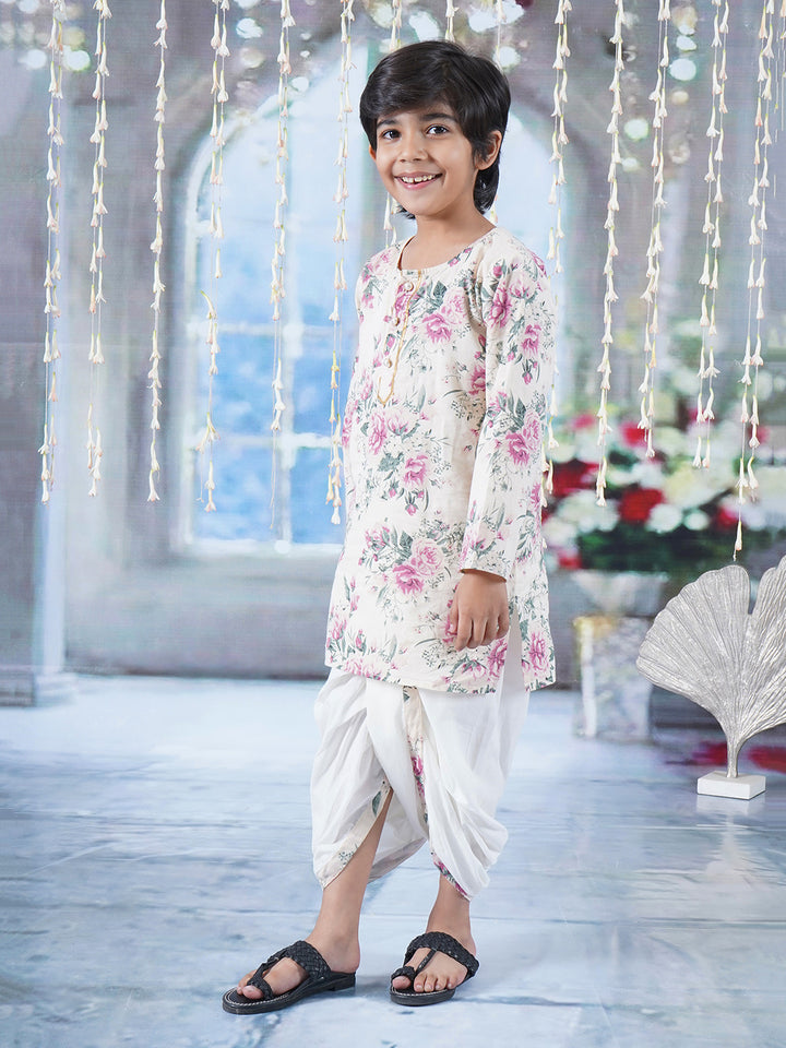 Boys Cotton Full Sleeves Kurta Dhoti with Floral Print and Pearl Buttons - Cream - Little Bansi