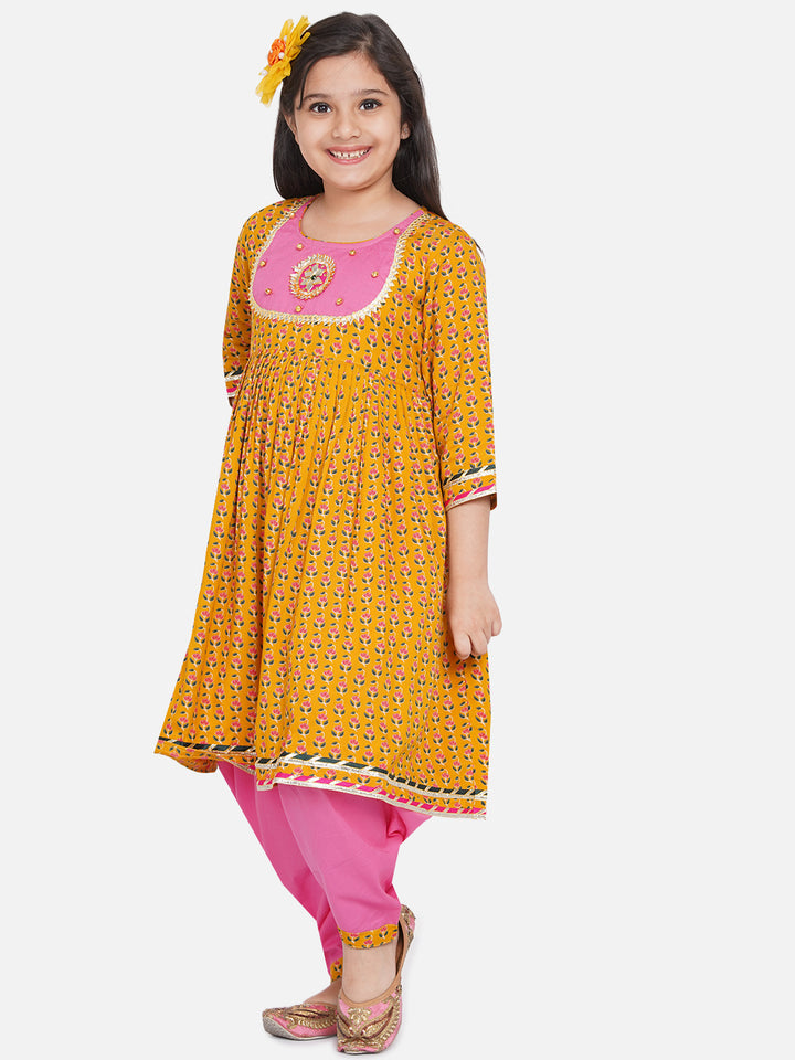 Girls Jaipuri Print Kurta Frock with Salwar in Yellow & Pink - Little Bansi