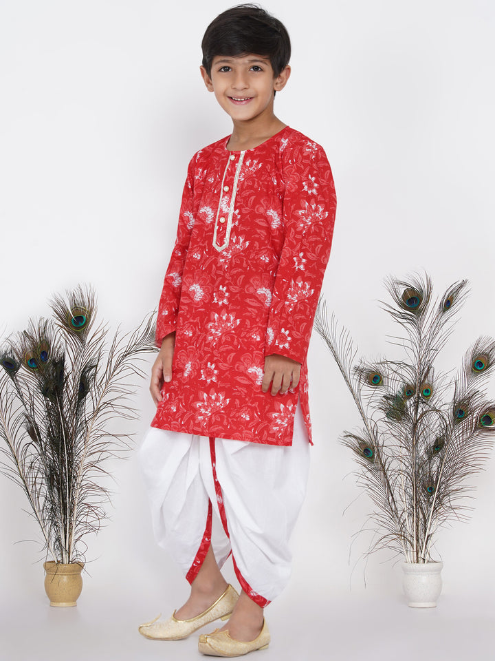 Boys Floral Kurta with Pearl Buttons and Dhoti in Red and White - Little Bansi