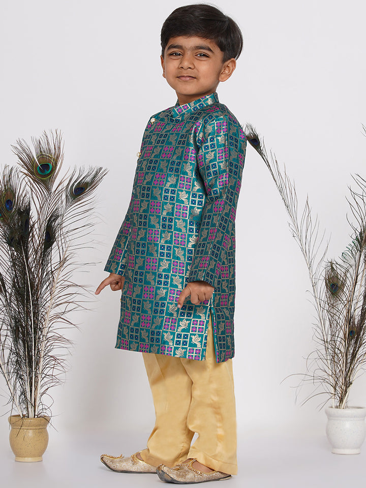 Boys Peacock Banarsi Sherwani with Pyjama - Peacock Green and Beige - Little Bansi