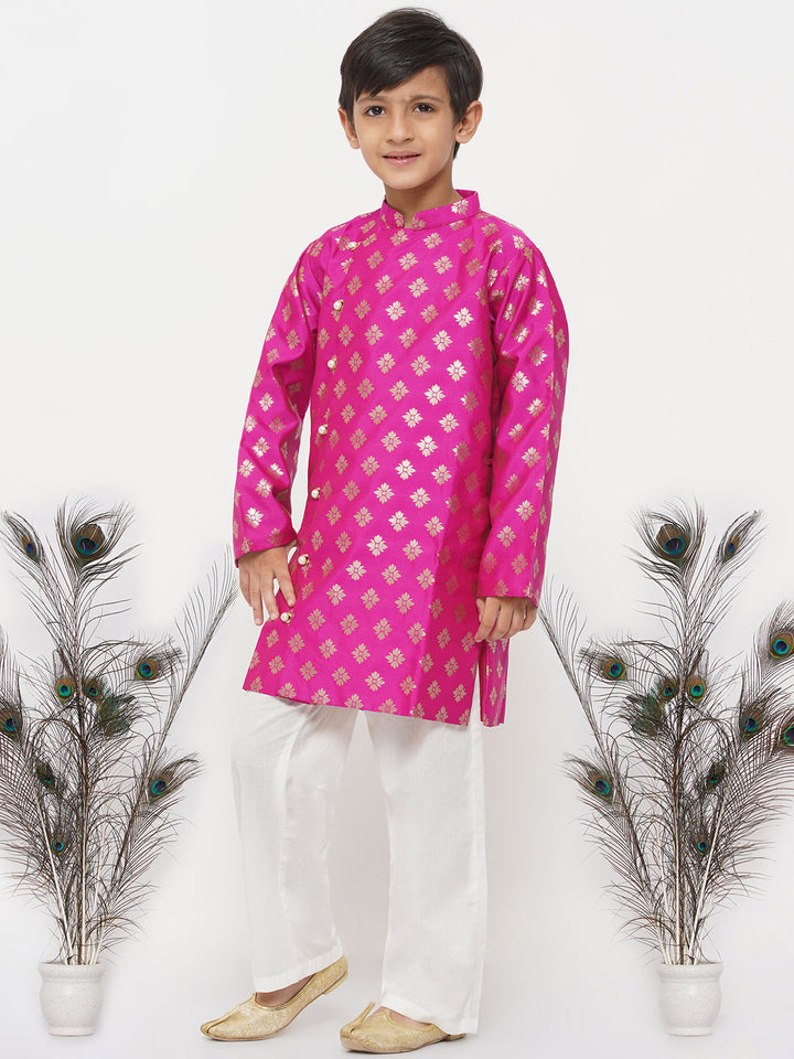 Boys Banarsi Silk Sherwani with Pyjama - Magenta - Little Bansi