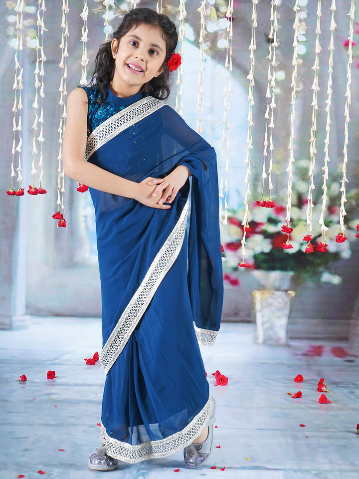 Girls Cotton Sleeveless Floral Embroidery Ready to wear Blouse with Ready to wear Georgette Saree - Blue - Little Bansi