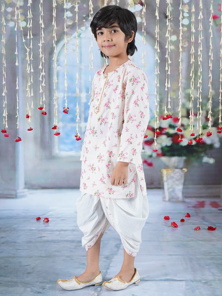 Boys Cotton Full Sleeves Kurta Dhoti with Garden Floral Print and Pearl Buttons - Beige Pink - Little Bansi