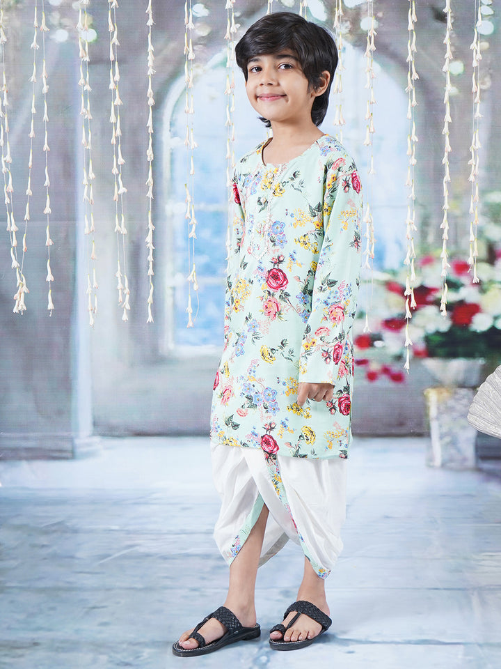 Boys Cotton Full Sleeves Kurta Dhoti with Rose Floral Print and Pearl Buttons - Green - Little Bansi