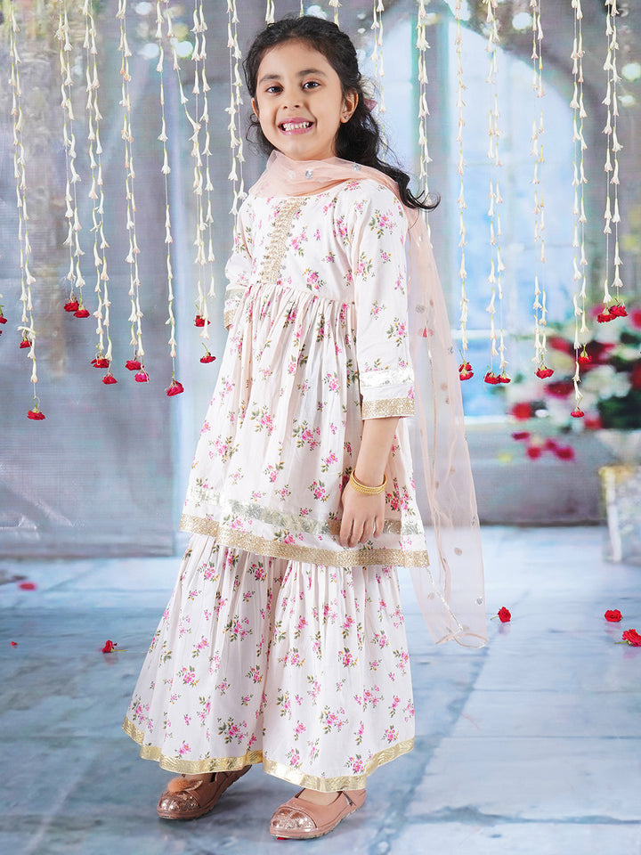 Girls Cotton Three Fourth Sleeves Kurta Sharara and Dupatta with Floral Print, Lace & Ghungroo work - Beige Pink - Little Bansi