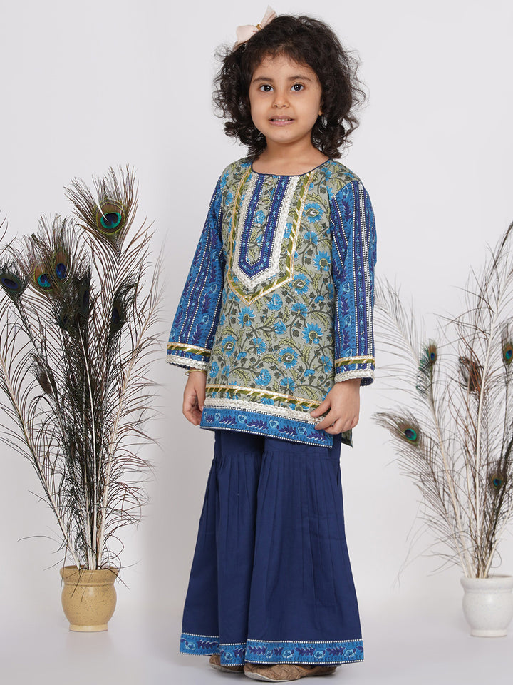 Girls Lacework Floral Kurta with Sharara and Dupatta in Indigo Blue and Green - Little Bansi