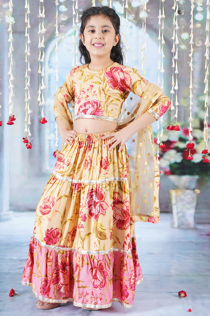 Modern Rose Print Lehenga with Panel and lace work with Blouse and Dupatta - Little Bansi