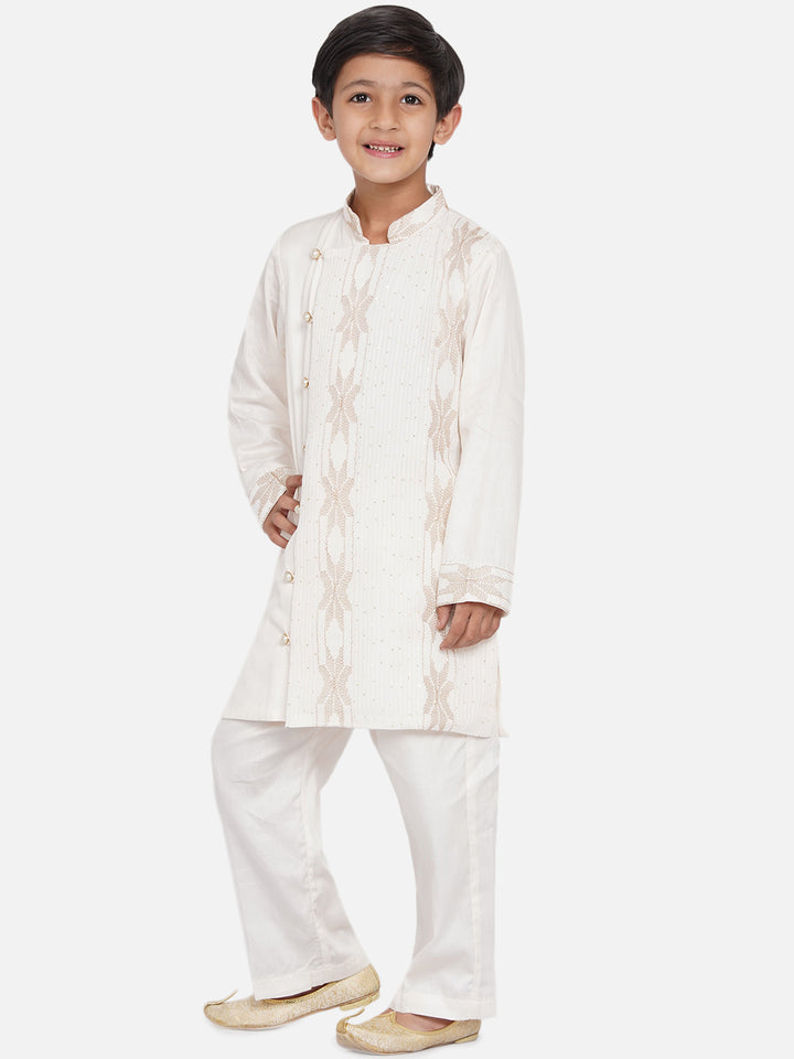 Boys White Embroidery Sherwani with Pant made of Silk - Little Bansi