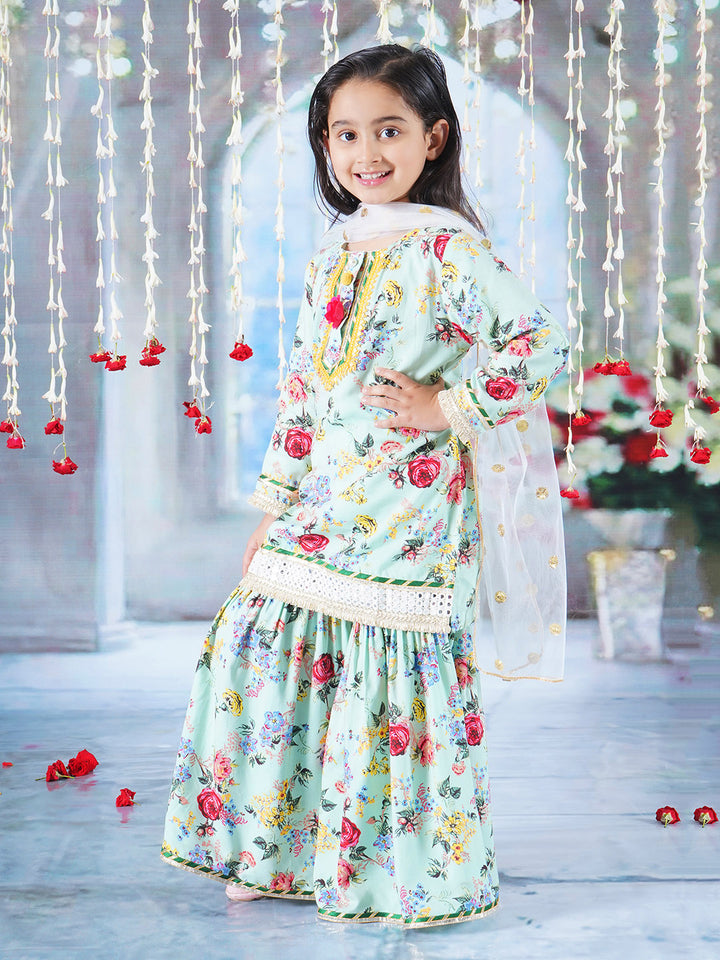 Girls Cotton Full Sleeves Kurta Sharara and Dupatta with Rose Floral Print, Lace & Floral Work - Green - Little Bansi