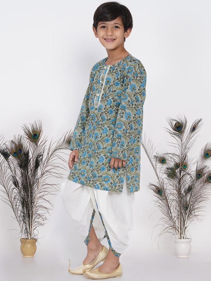 Boys Floral Kurta with Pearl Buttons and Dhoti in Sea Green and Cream - Little Bansi