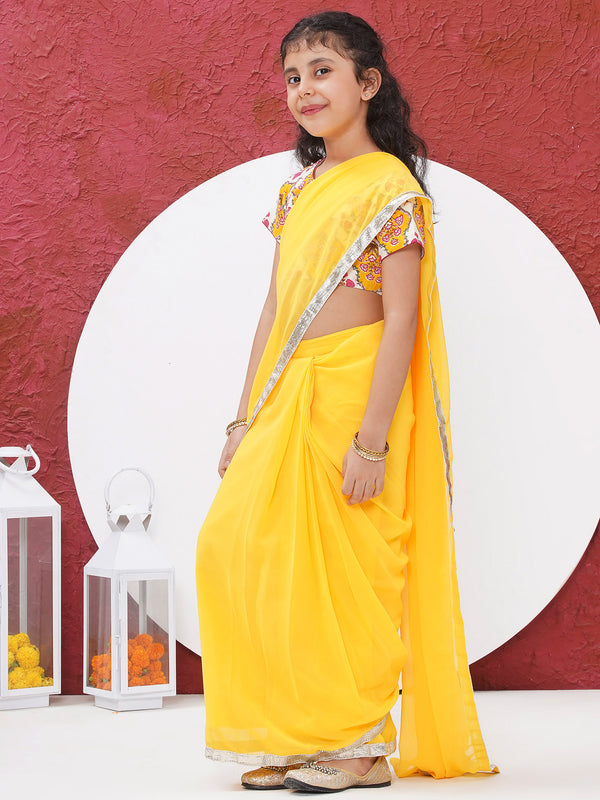 Rajasthani Floral Ready to wear Blouse with Ready to wear Georgette Saree - Yellow