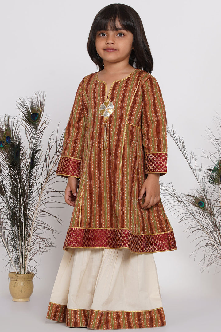 Girls Cotton Jaipuri Princecut Kurta frock with Sharara and Dupatta - Little Bansi