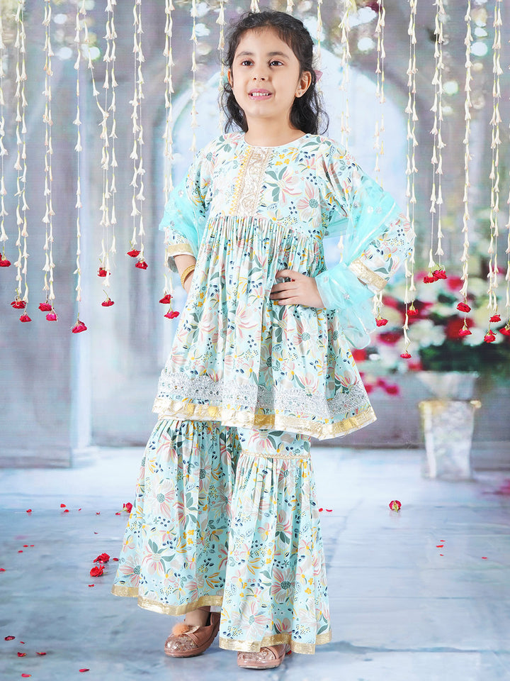 Girls Cotton Three Fourth Sleeves Kurta Sharara and Dupatta with Floral Brush Print & Lace work - Sky Blue - Little Bansi