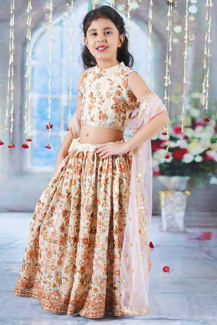 Girls Floral Embrodiery Lehenga with Blouse and Lacework Dupatta - Little Bansi