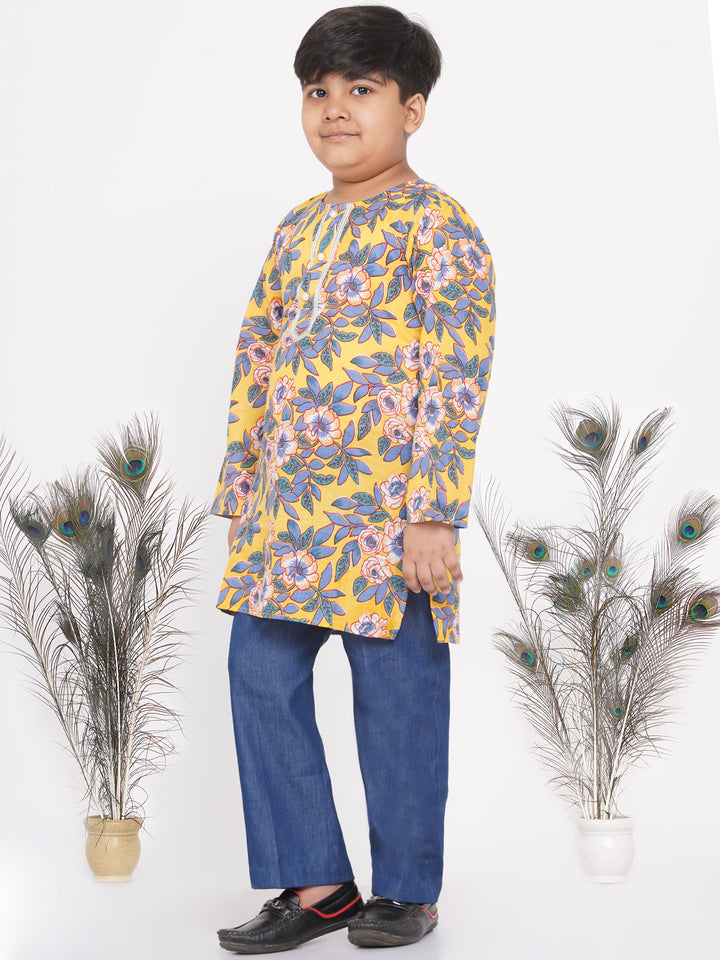 Boys Floral Kurta with Denim Pants in Yellow - Little Bansi