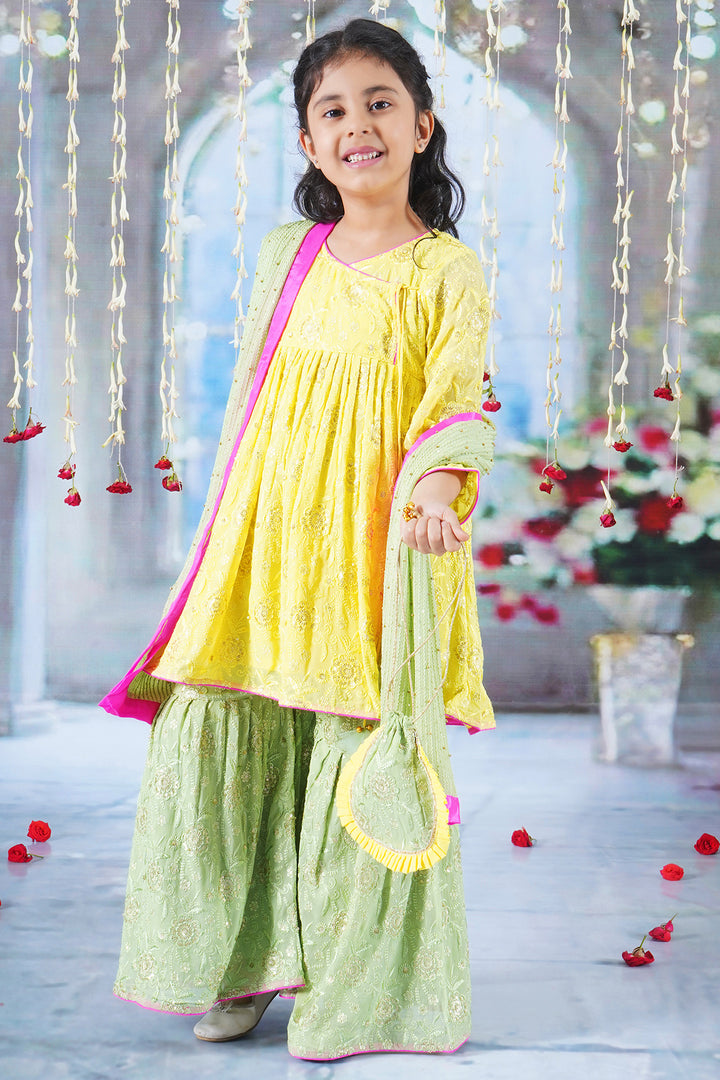 Girls Floral Embrodiery Angrakha Kurta with Sharara, Dupatta and Hand made Potli with Ghungroo work Tassel - Little Bansi