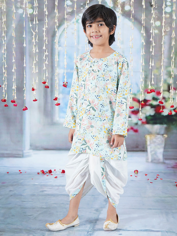 Boys Cotton Full Sleeves Kurta Dhoti with Floral Brush Print and Pearl Buttons - Sky Blue - Little Bansi