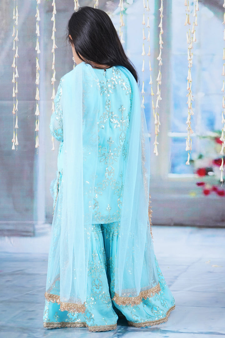 Girls Cotton Candy Blue Kurta with Irish Thread and Sequin work Embroidery with Sharara, Dupatta and Potli - Little Bansi