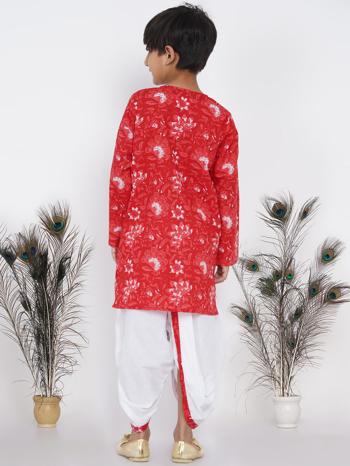 Boys Floral Kurta with Pearl Buttons and Dhoti in Red and White - Little Bansi