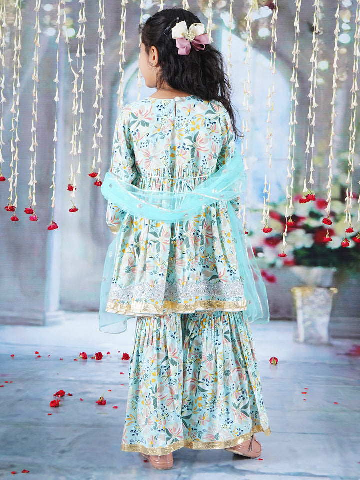 Girls Cotton Three Fourth Sleeves Kurta Sharara and Dupatta with Floral Brush Print & Lace work - Sky Blue - Little Bansi