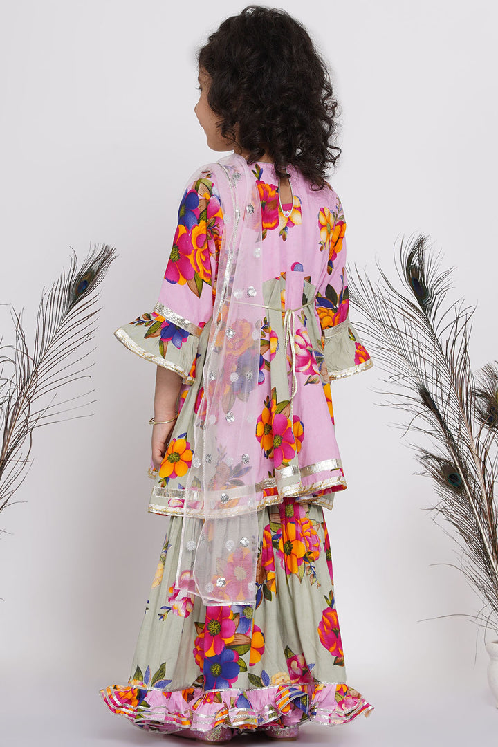 Girls Pearl Detailing Kali Frock Kurta with Sharara and Dupatta in Green & Pink - Little Bansi