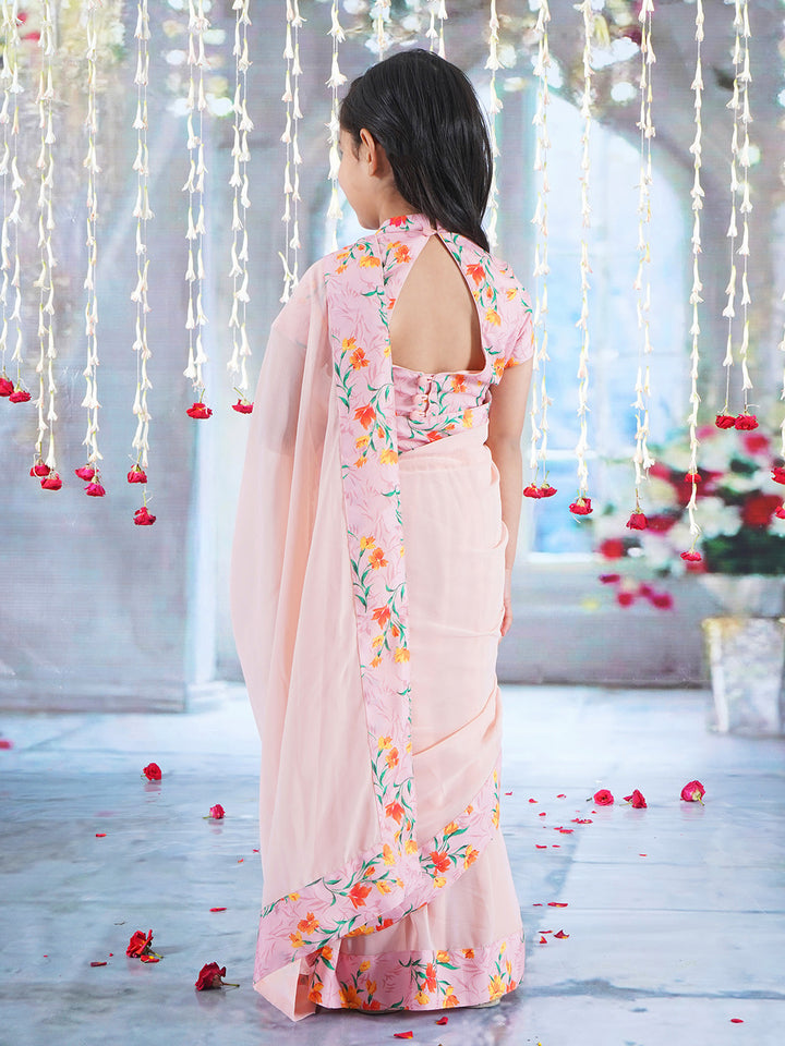 Girls Cotton Short Sleeves Ready to wear Blouse with Floral Print and Ready to wear Georgette Saree - Peach - Little Bansi