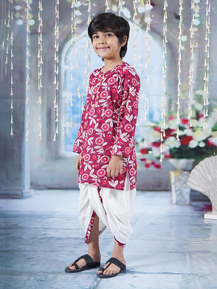 Boys Cotton Full Sleeves Kurta Dhoti with Floral Print and Pearl Buttons - Mahroon and Cream - Little Bansi