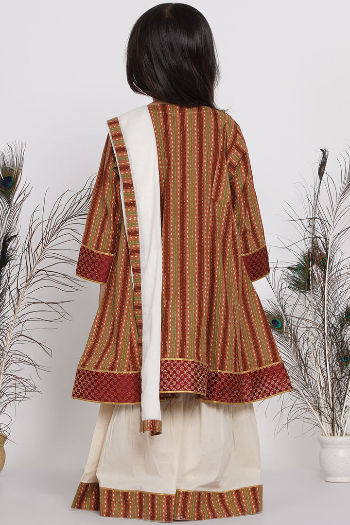 Girls Cotton Jaipuri Princecut Kurta frock with Sharara and Dupatta - Little Bansi