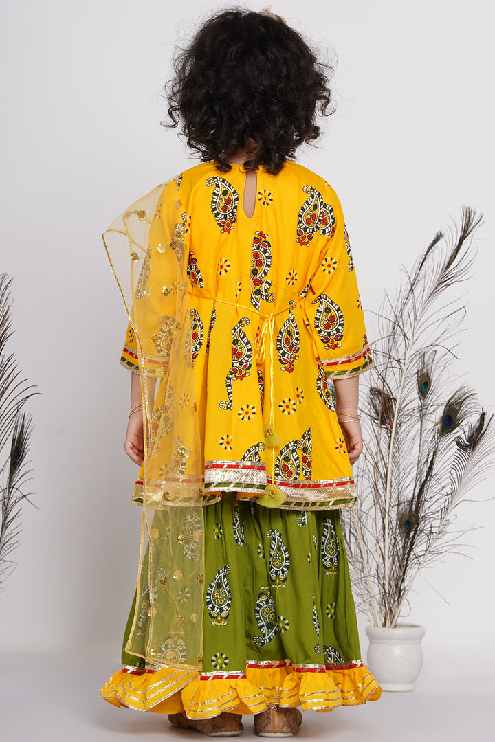 Girls Cotton Floral Jaipuri Kurta with Gunghroo work, Frill Sharara, and Dupatta - Little Bansi