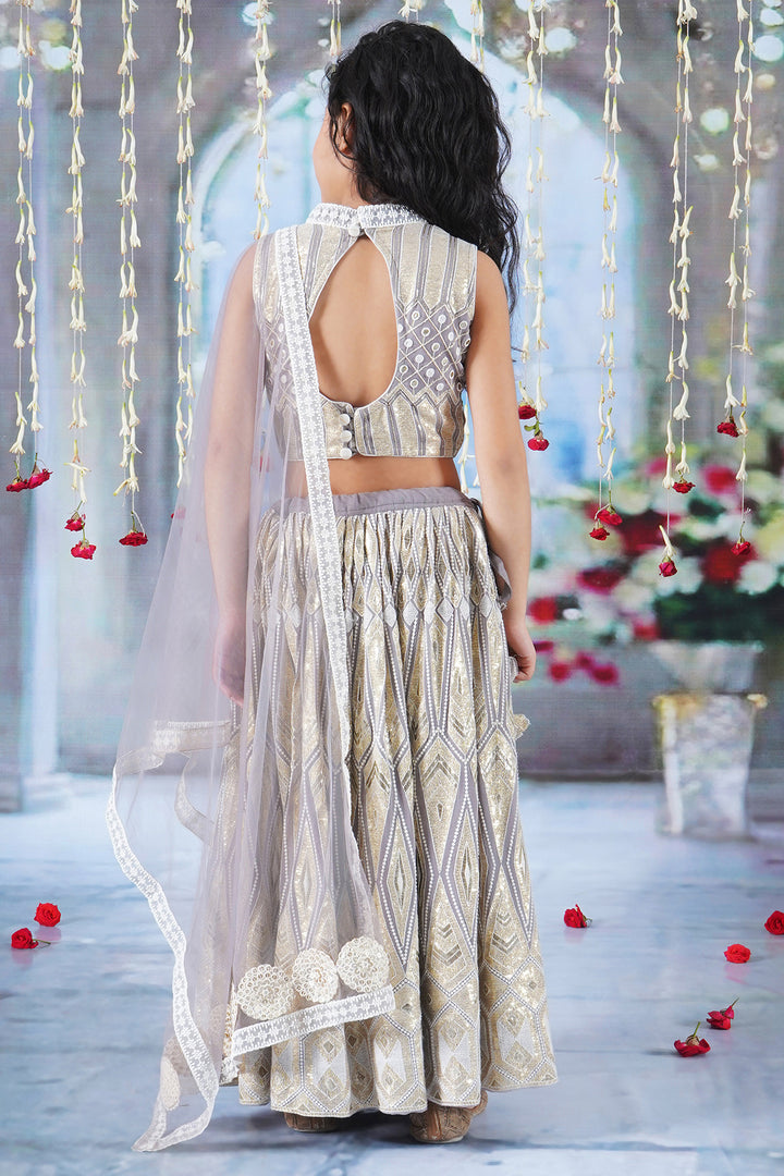 Girls Ivory and Golden Thread work Lehenga with Sequence work Blouse and Lacework Dupatta - Little Bansi