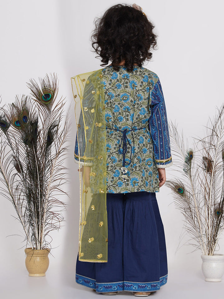 Girls Lacework Floral Kurta with Sharara and Dupatta in Indigo Blue and Green - Little Bansi