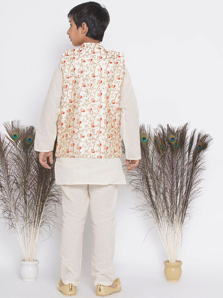 Banarsi Red Tulip Embroidery Jacket with Cotton Kantha kurta and Kantha Pyjama - Little Bansi