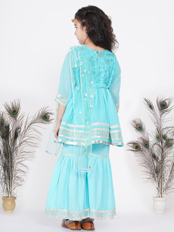 Girls Gotta Patti work Kurta frock with Sharara and Dupatta - Sky Blue - Little Bansi