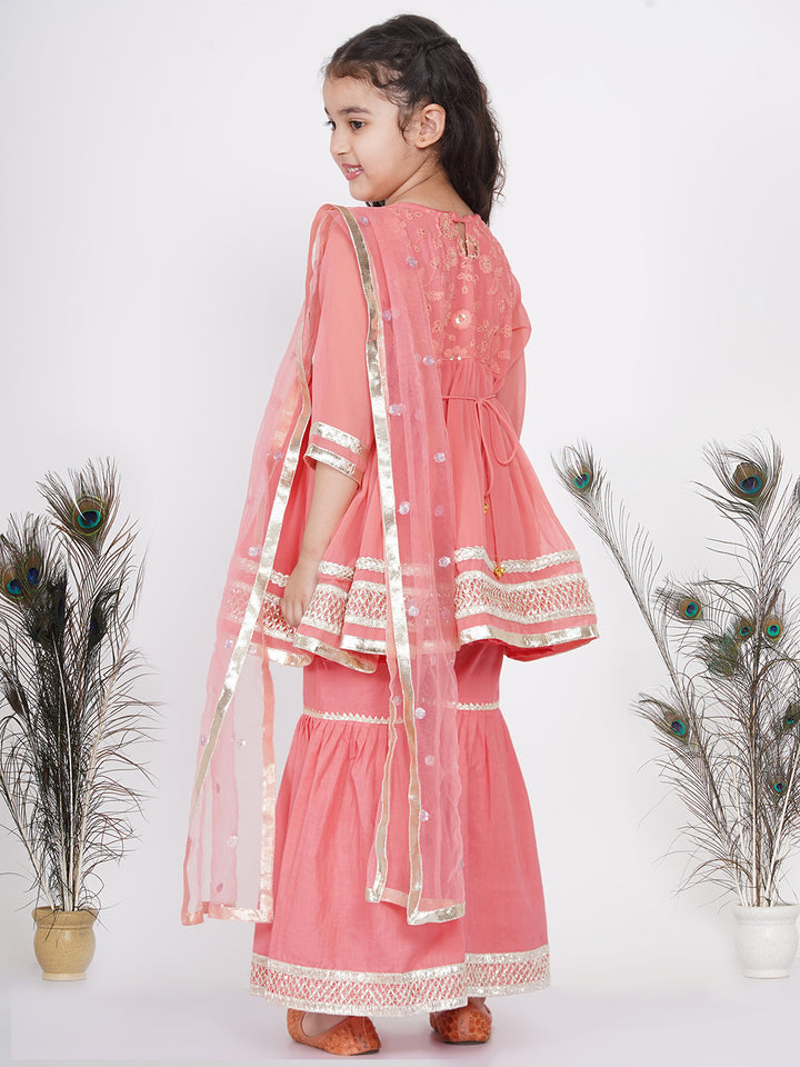 Girls jaipuri Lacework and Gotta Patti work Kurta frock with Sharara and Dupatta - Little Bansi